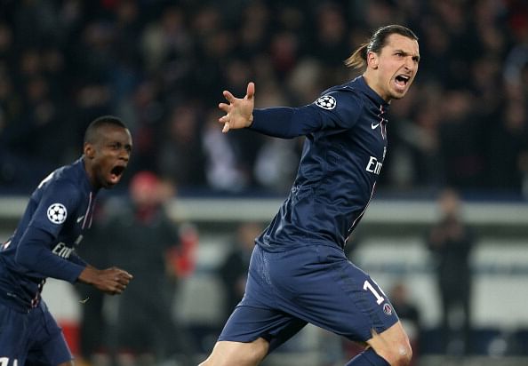 Zlatan Ibrahimovic of PSG celebrates his goal during the UEFA Champions League quarter-final first leg between Paris Saint-Germain FC and FC Barcelona, at the Parc des Princes stadium on April 2, 2013 in Paris France. (Photo by John Berry/Getty Images)